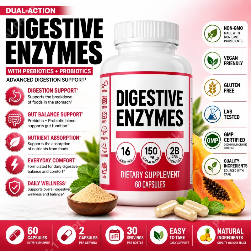 Digestive Enzyme Blend - เอนไซม์ย่อยอาหารพร้อมพรีไบโอติกและโปรไบโอติก ผสมเอนไซม์ 16 ชนิด พร้อมขิงและเปปเปอร์มินต์ บำรุงระบบย่อยอาหาร
