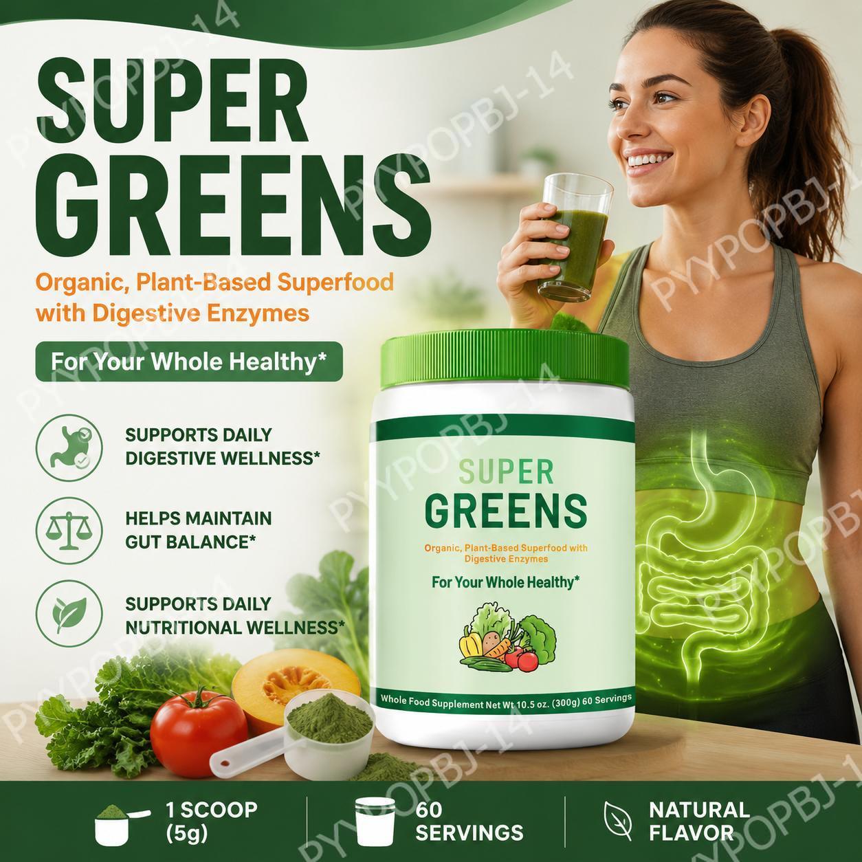 Digestive Enzyme Blend - ผงซุปเปอร์กรีนส์ ออร์แกนิก ผสมสารอาหารจากพืชธรรมชาติ พร้อมสูตรเอนไซม์ช่วยย่อยอาหาร ผสมพรีและโปรไบโอติก 60