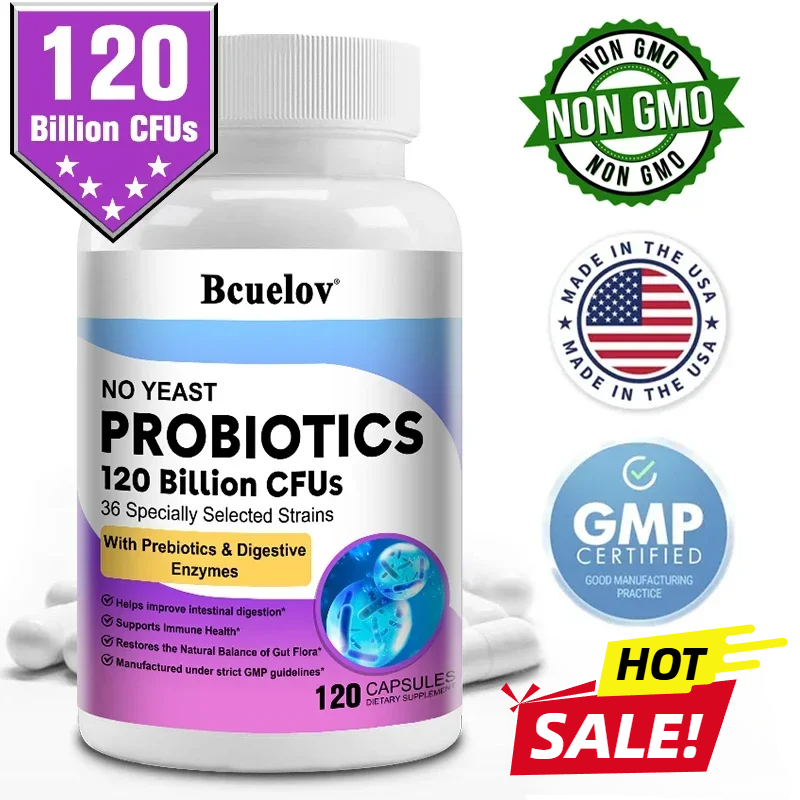 Digestive Enzyme Blend - โปรไบโอติก 120 พันล้าน CFU 36 สายพันธุ์ประกอบด้วยพรีไบโอติกและเอนไซม์ทางเดินอาหารเพื่อการย่อยอาหารและการสนับสนุนภูมิคุ้มกันมังสวิรัติ,